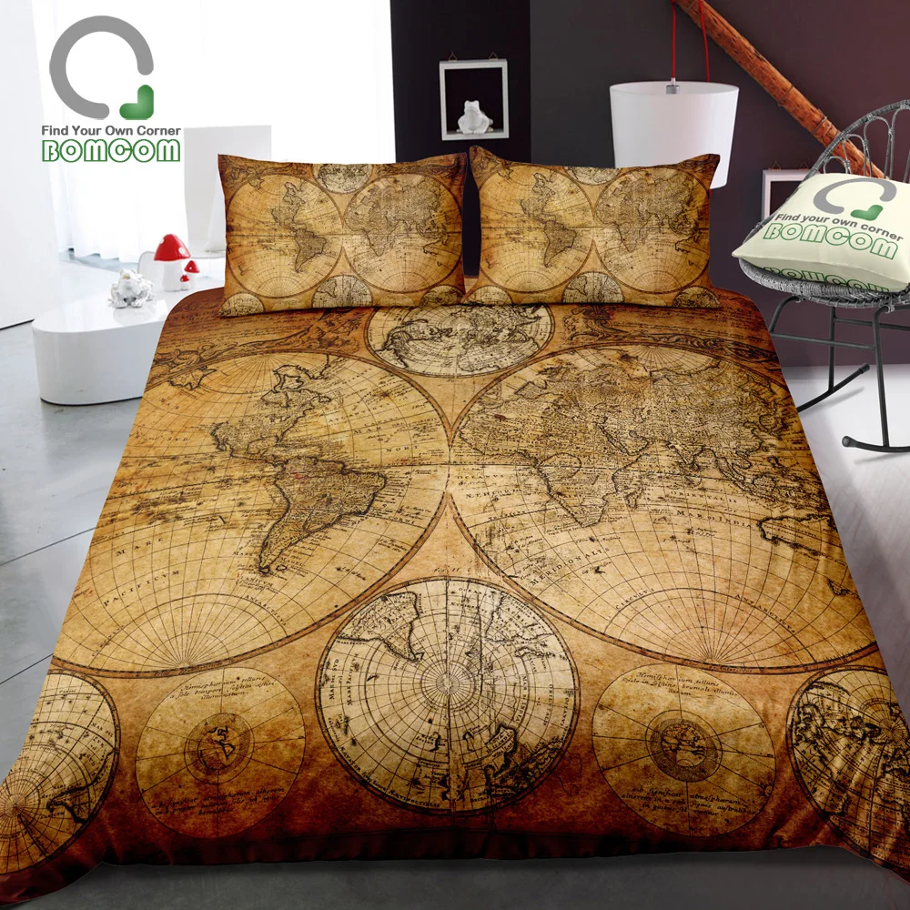 

BOMCOM 3D Digital Printing Retro map of world hemispheres Vintage World Map Nurenberg Duvet Cover Sets 100% Microfiber Clear