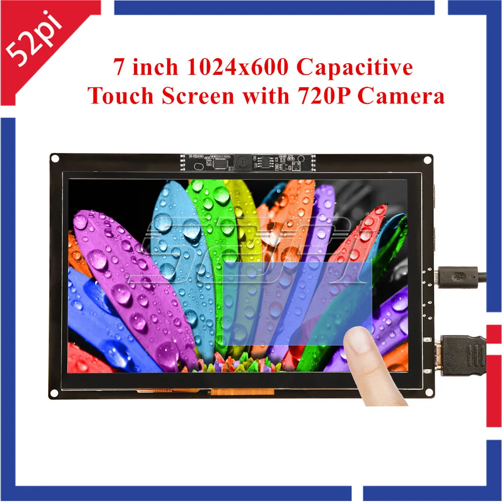 52Pi Free Driver 7 Inch 1024x600 Capacitive Touch Screen Display with 720P Camera for Raspberry Pi 4 /PC/Beaglebone