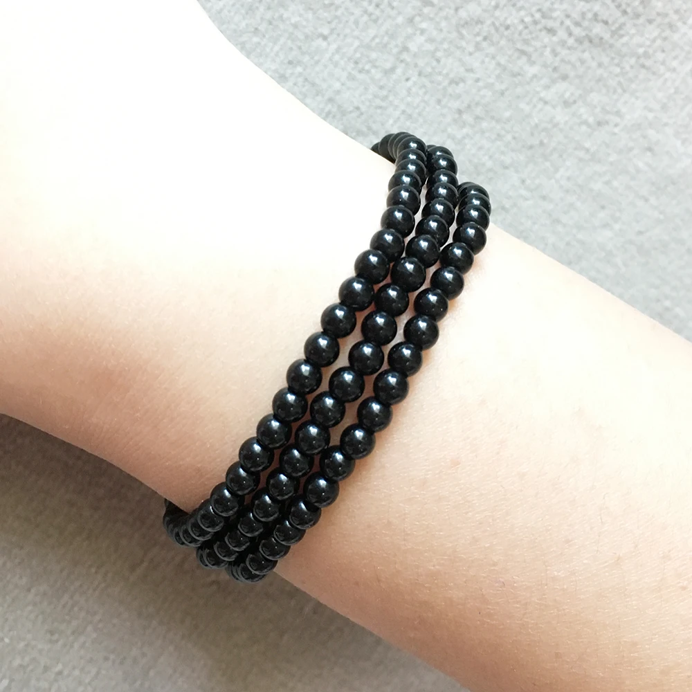 Ruberthen New Design 4 mm Natural Black Tourmaline Bracelet Set Trendy Women`s Energy Bracelet 3 Wrap Mini Gemstone Bracelet