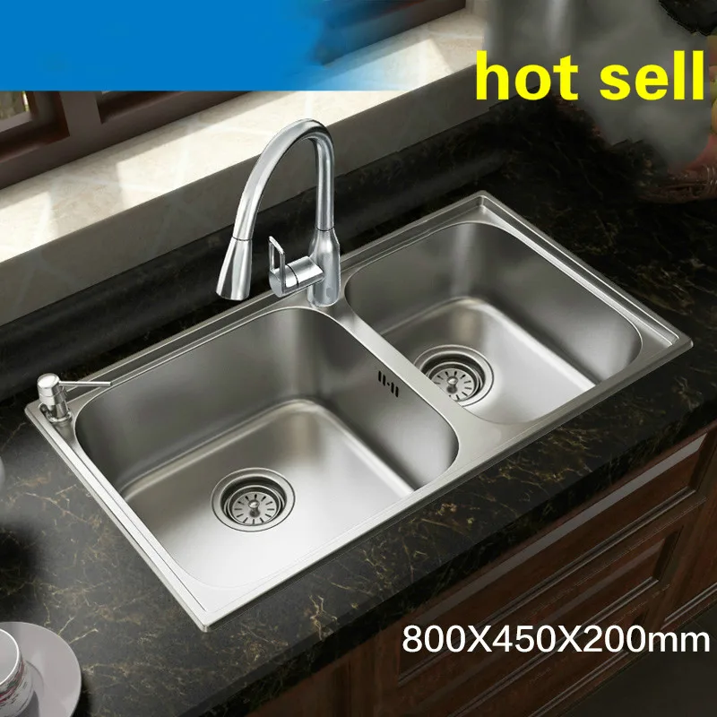 

Free shipping Standard luxurious kitchen double groove sink food grade 304 stainless steel whole drawing big hot sell 80x45 CM