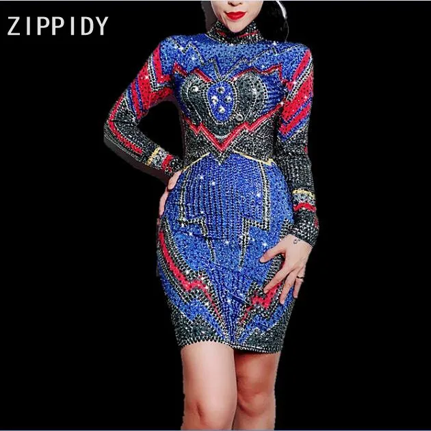 Full Bling Rhinestones Spandex Dress Birthday Party Celebrate Outfit Nightclub Female Singer Dance DJ Outfit Stage Show Dress