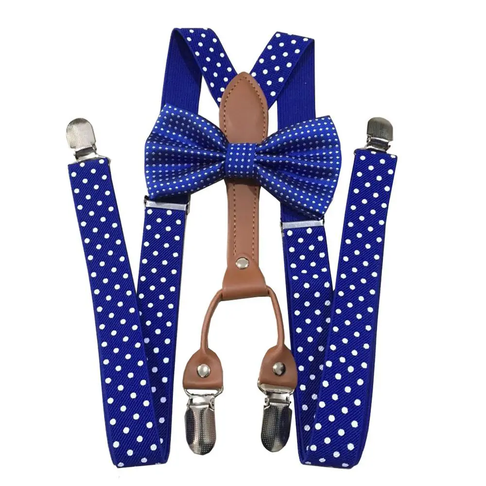 Yienws Polka Dot Bow Tie Suspenders สําหรับผู้ชายผู้หญิง 4 คลิปหนัง Suspensorio ผู้ใหญ่ Bowtie Braces สําหรับกางเกง Navy สีแดง YiA119