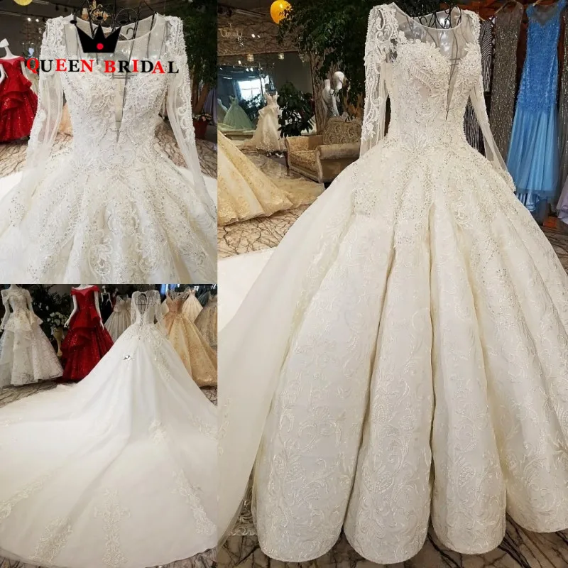 Real Sample Long Sleeves 2021 robe de mariee Ball Gown Lace Beaded vestido de noiva QUEEN BRIDAL Long Wedding Dresses WD101