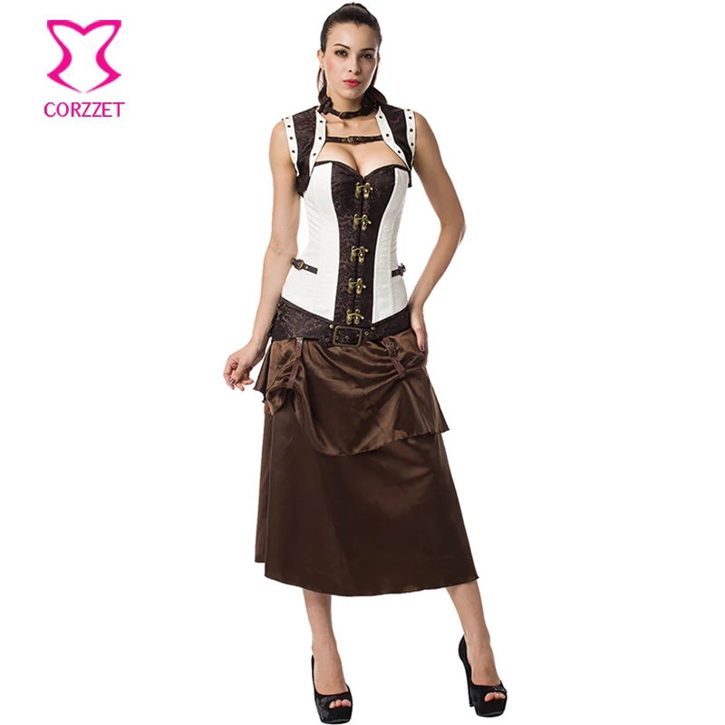

Brown & White 6XL Plus Size Women Vintage Gothic Clothing Corsets And Bustiers Steampunk Corset Dress Sexy Burlesque Costumes