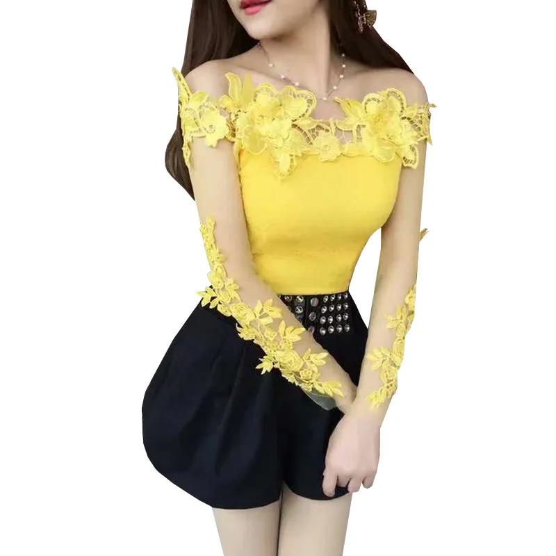 2018 Mùa Xuân Hè Nữ Áo Sơ Mi Ngọt Floral Lace Áo Ladies Long Sleeve Slash Cổ Backles Lưới Áo Cánh Ngắn Blusas Ngọn 830