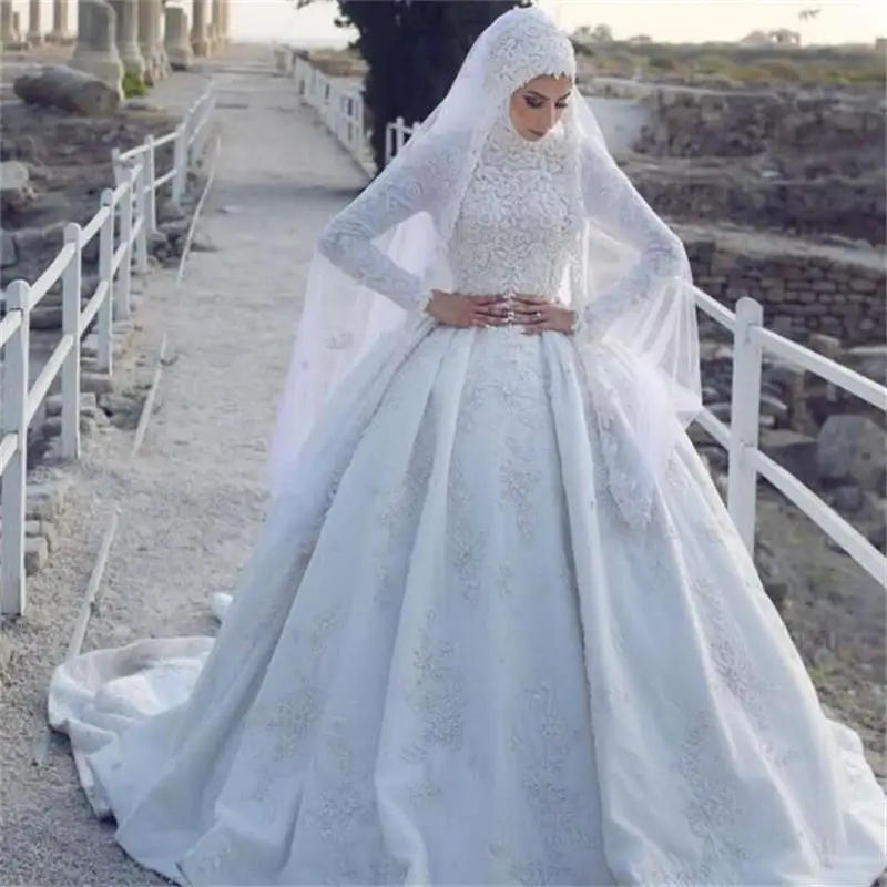 2021 Theo Hồi Giáo Váy Cưới Mà Không Hijab Tay Dài Ren Appliqued Càn Quét Tàu Cô Dâu Đồ Bầu Đầm Vestido De Novia