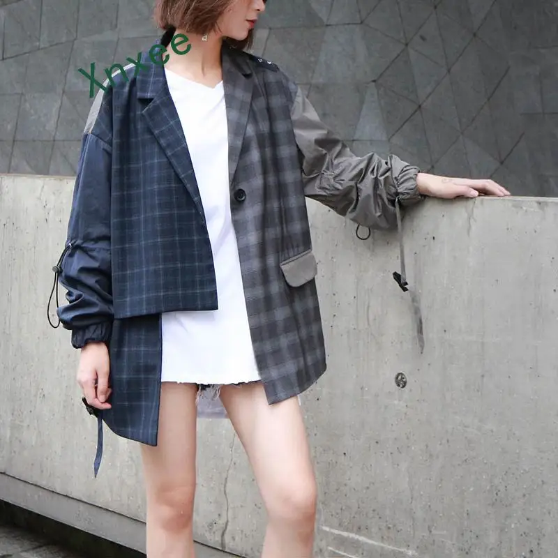 Xnxee 2019 New Spring Summer Lapel Long Sleeve Blue Hit Color Plaid Loose Big Size Irregular Jacket Women Coat Fashion