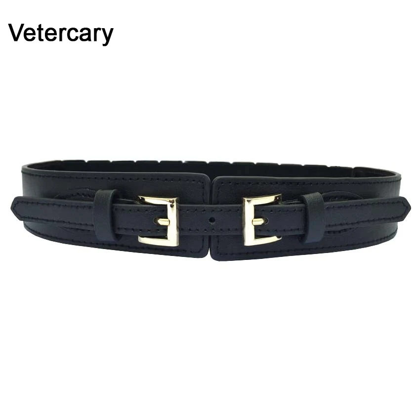 Female Belts PU Leather Cummerbunds Black Elastic Design Waistbands Women Belt New Fashion Double Gold Pin Buckle Vestidos Pasek