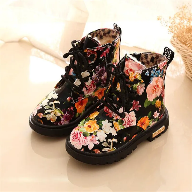 Botas infantis de couro PU, flores estampadas, botins infantis, sapatos de meninas, zip, moda, outono, inverno