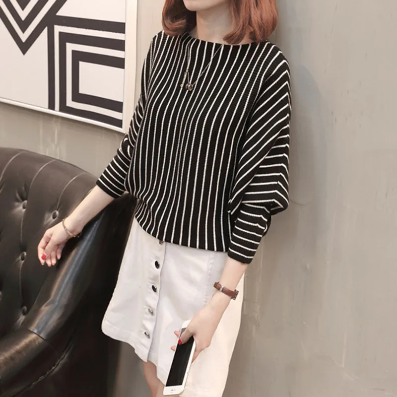 

2019 Autumn Sweater Women Pullover Knitted Striped Batwing Fashion Loose Pullovers Knitwear Black Ladies Fall Sweaters Ladies