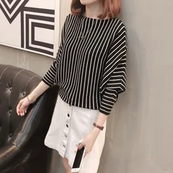 2024 Autumn Sweater Women Pullover Knitted Striped Batwing Fashion Loose Pullovers Knitwear Black Ladies Fall Sweaters Ladies