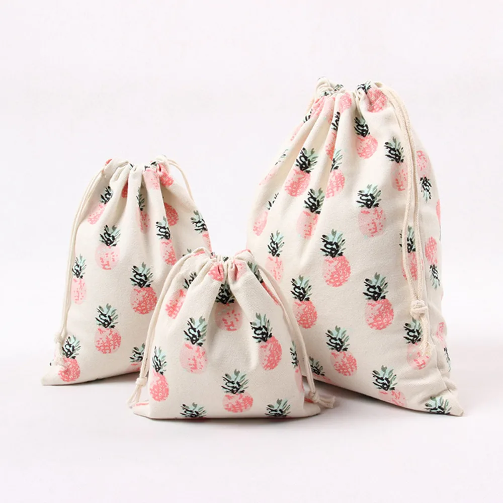 Girls small fresh cotton canvas bag custom bag pocket drawstring bag tea gift bag pineapple printing