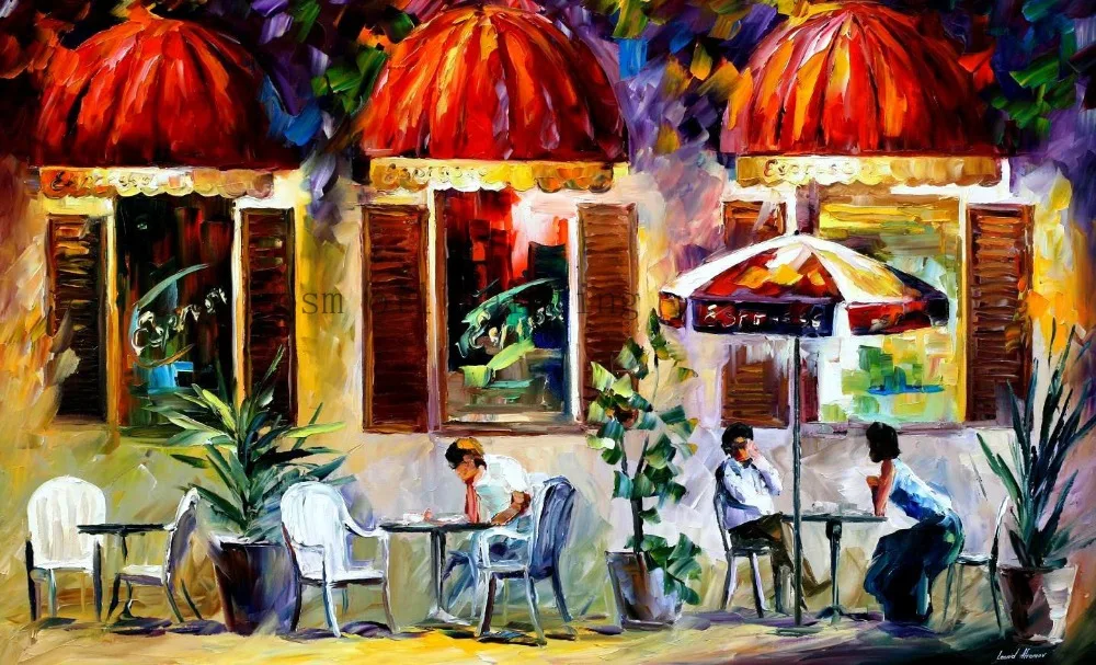 

Handmade Modern Abstract Knife Palette Landscape Oil Painting Unique New Year Canvas Painting Handicraft People Relax in Caffe