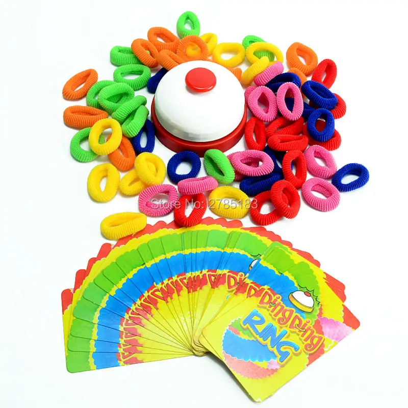 Ring Ding Toy Family Party Games Great Practical Gadgets Funny Challenge Bell  with 24 pcs picture cards 60 pcs Hair Rings