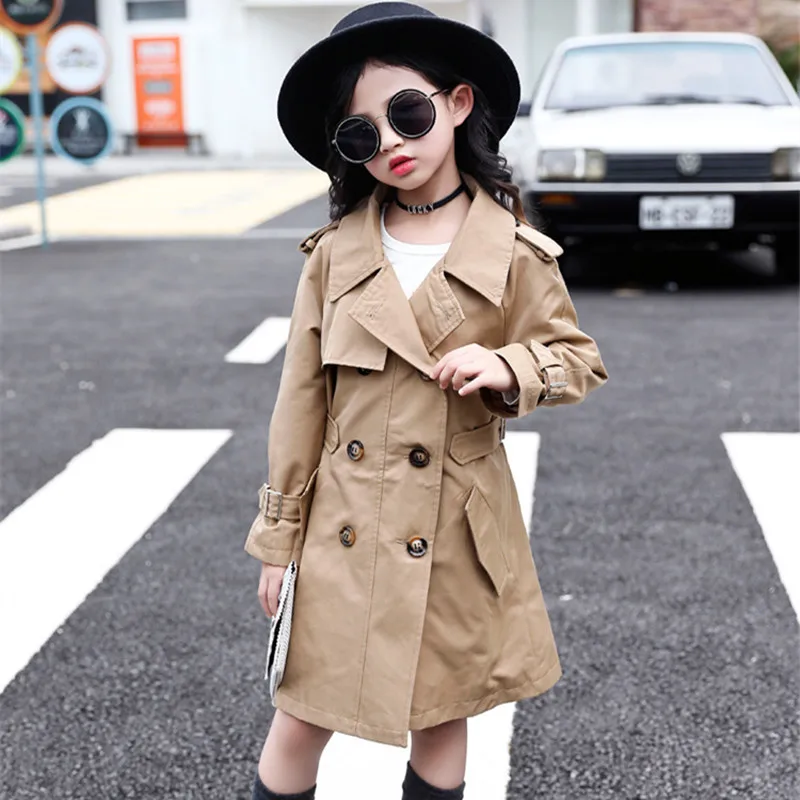 Girls Trench Coat Spring Autumn Medium Length Young Girls Fashion Coat Classic Khaki Baby Girls Trench Coat Double-breasted