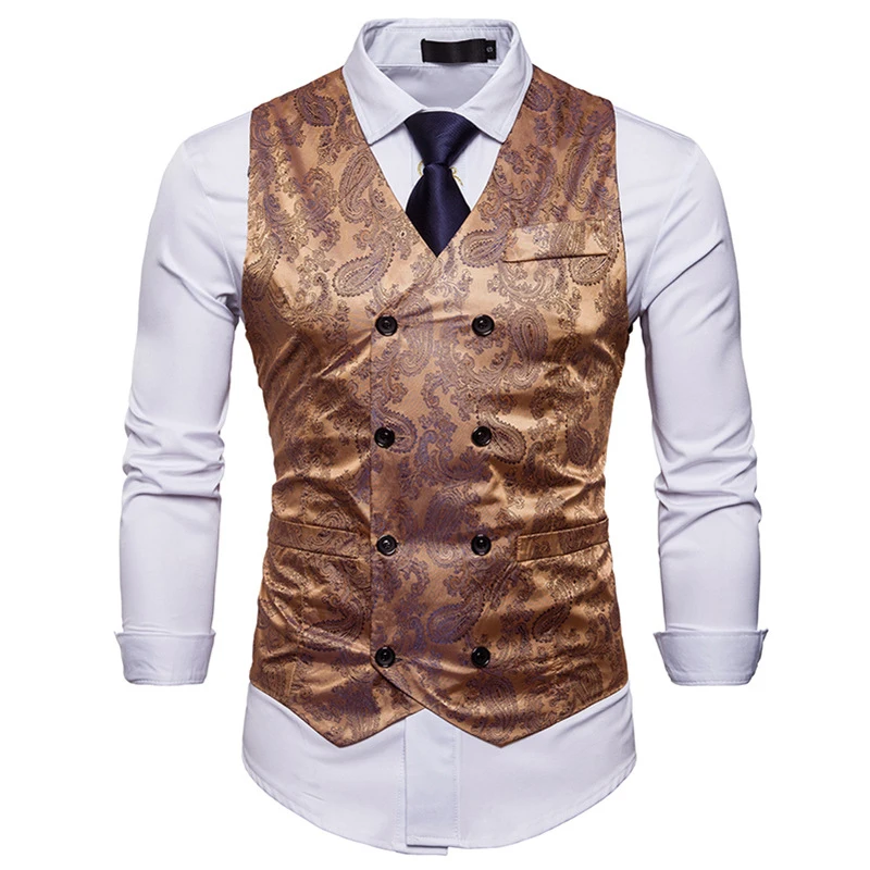 Men\'s Gentleman Formal Slim Fit Double Breasted Dress Suit Vests 2022 Fashion Paisley Print Men Vest Waistcoat Colete Masculino