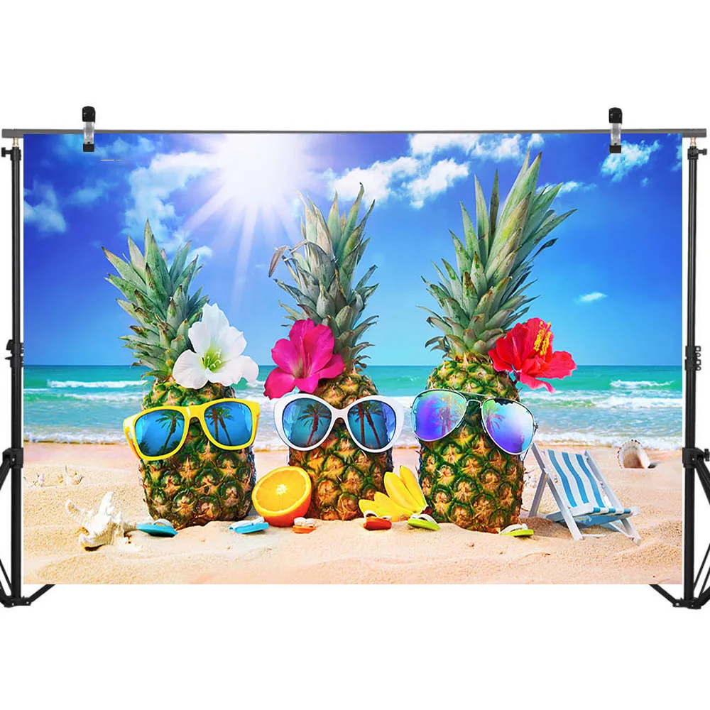 Summer Beach Happy Birthday Backdrop Flowers Pineapple Birthday Party Bannerd Decorate Supplies Photography Backdrops