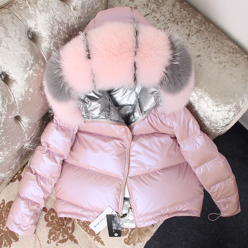 winter jacket women Down natural fox fur collar coat loose short white duck down real fur coat