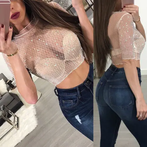 S-XL Transparent Sequins Crop Top Women Short Sleeve Flower Mesh Sheer Camisole Crop Top Female Shirt Tee Top Women