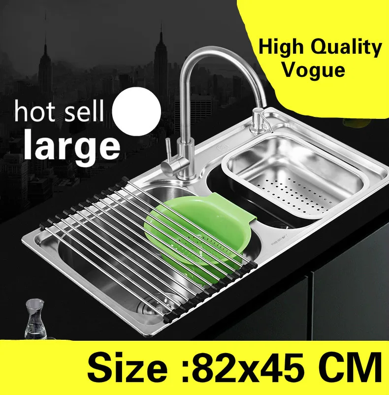 

Free shipping Apartment wash vegetables large kitchen double groove sink 304 stainless steel luxurious hot sell 820x450 MM