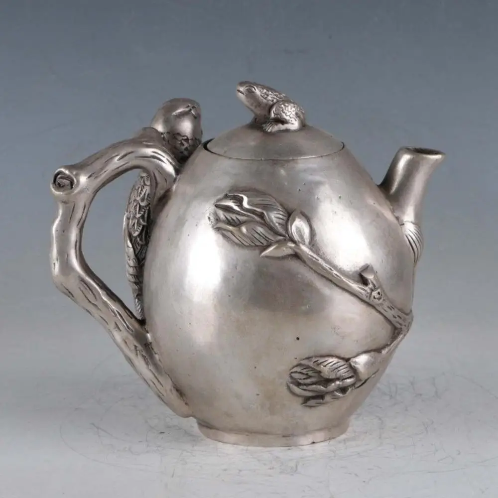 Chinese Silvering Copper Handwork Carved Birds Flowers Teapots