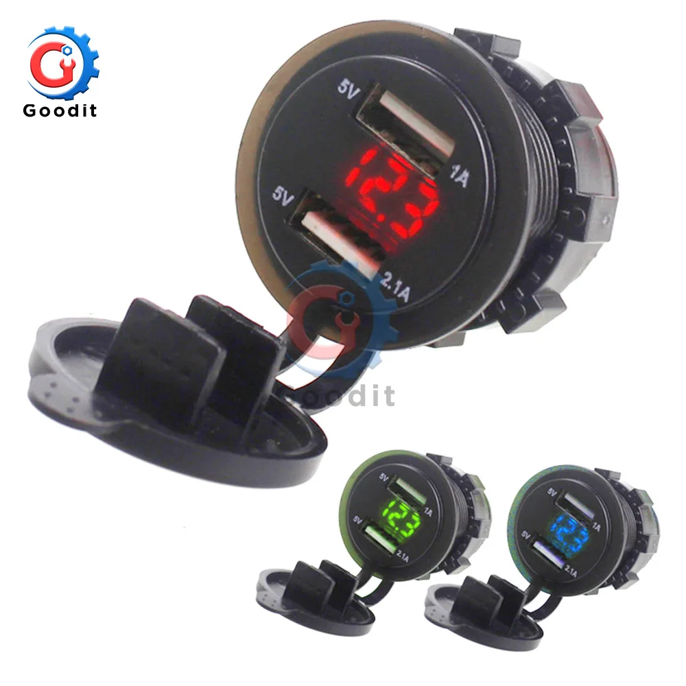 Dual USB Port Car Charger Cigarette Lighter Socket Plug LED Digital Voltmeter Waterproof Mobile Phone Smart Charging Adapter