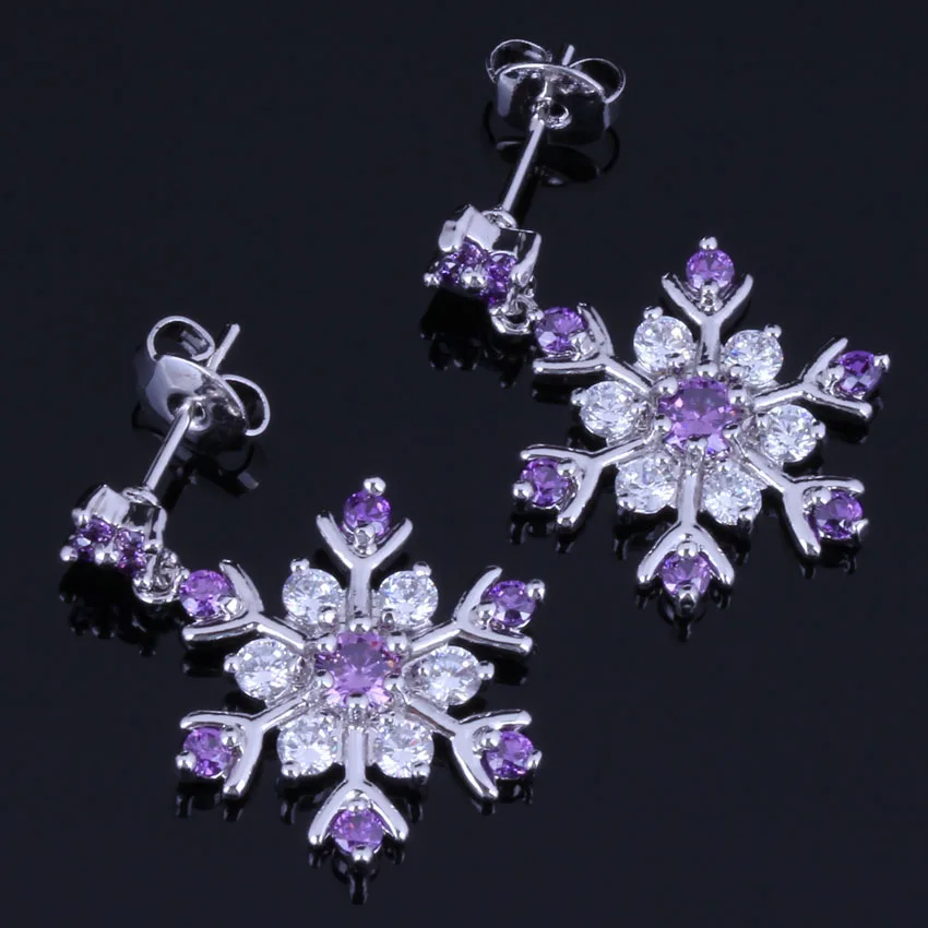 Amazing Snowflake Purple Cubic Zirconia White CZ Silver Plated Drop Dangle Earrings V1026