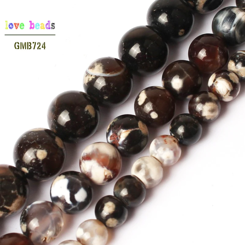 6/8/10mm Black Dragon Vein Fire Agates Round Carnelian Ball Stone Beads for jewelry making DIY Bracelet Strand 15