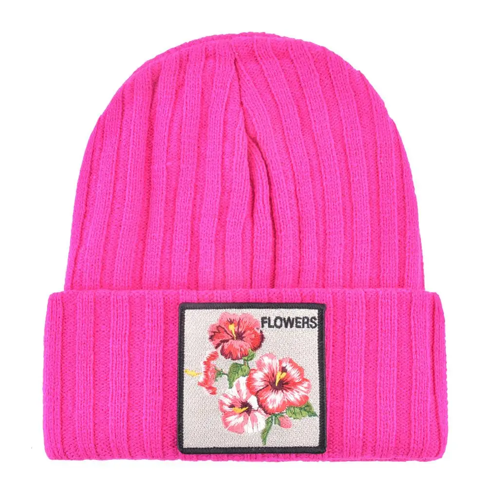 Women\'s Hat With Flower Patch Autumn Winter Knitted Skullies Beanies Women Winter Soft Double Layer Knit Bonnet Caps Men Gorras