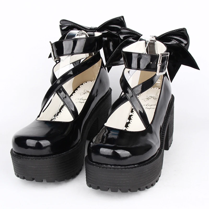 Kobieta Anime Kaname Madoka Lolita księżniczka Cosplay skórzane buty damskie buty na wysokim obcasie wiosna jesień buty na platformie z kokardką