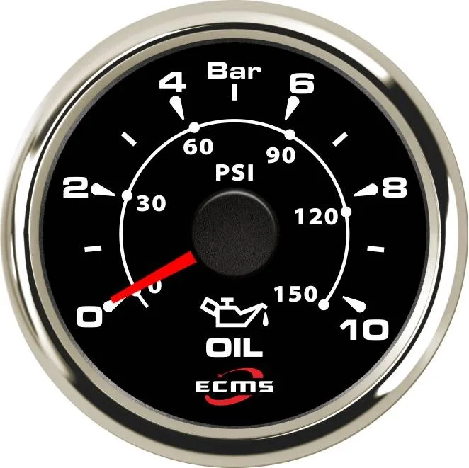 Marine Boat Yacht Automotive Pressure Gauge 0-10 Bar 9-32V 10-184 OHMS 52mm 2 Inch 316L Chrome Bezel Black Dial 802-00034