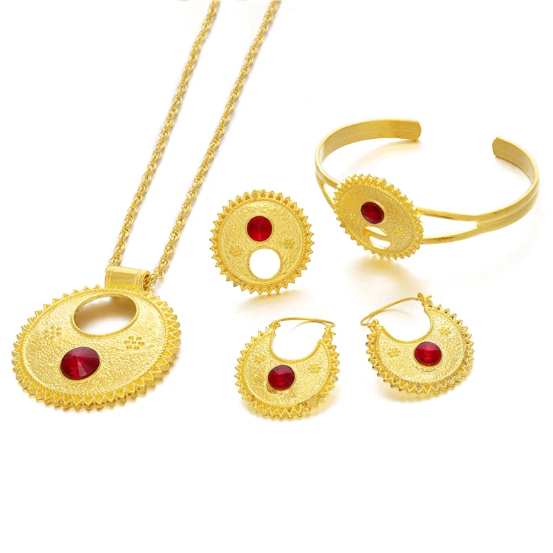 Ethlyn Jewelry Ethiopian sets Necklace Bangle Earrings & Free Size Ring Jewelry sets Gold Color Eritrean Best Holiday Gifts S196