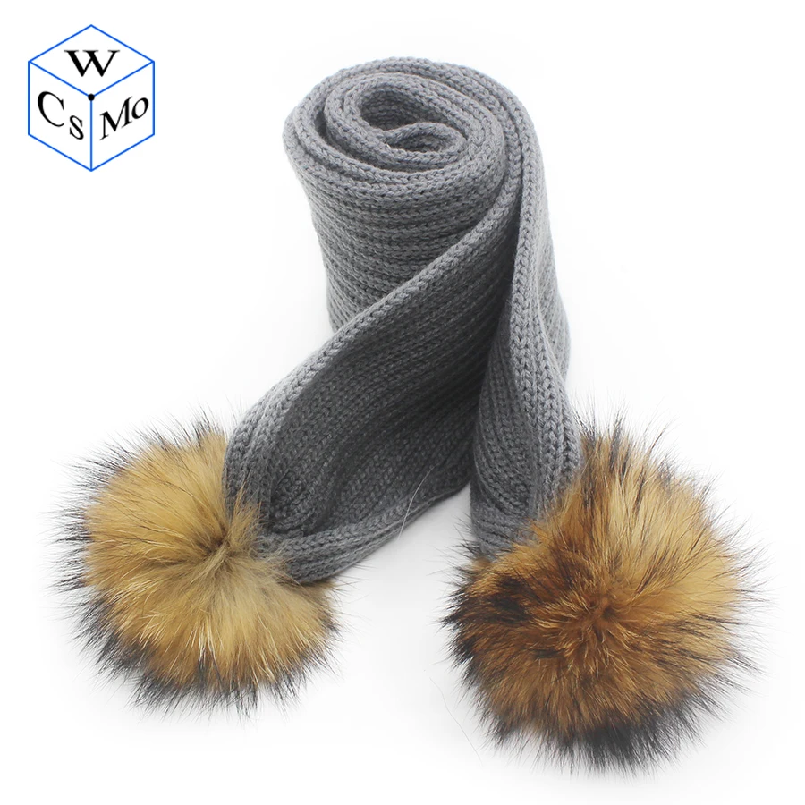 

New kids winter scarf with detachable real raccoon fur pom poms boys Girls warm neckwarmer scarves big pompom fur scarf