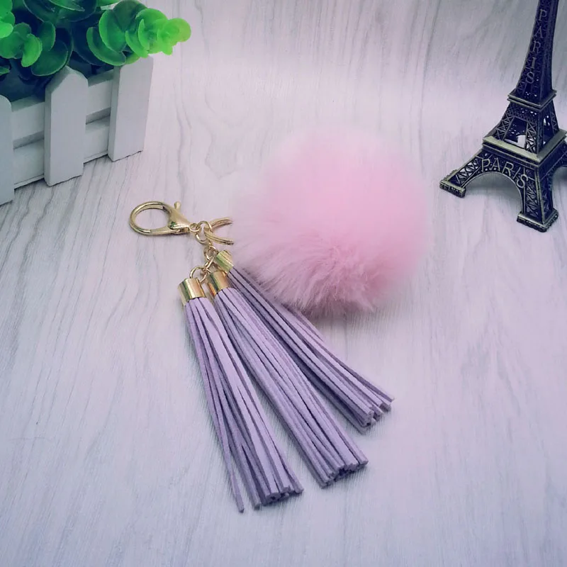 Women Tassel Fur Ball Key Chain with 3 Tassels and 8cm Pompom Plated Gold- For Car Keychain Bag Key Ring Jewelry 16012