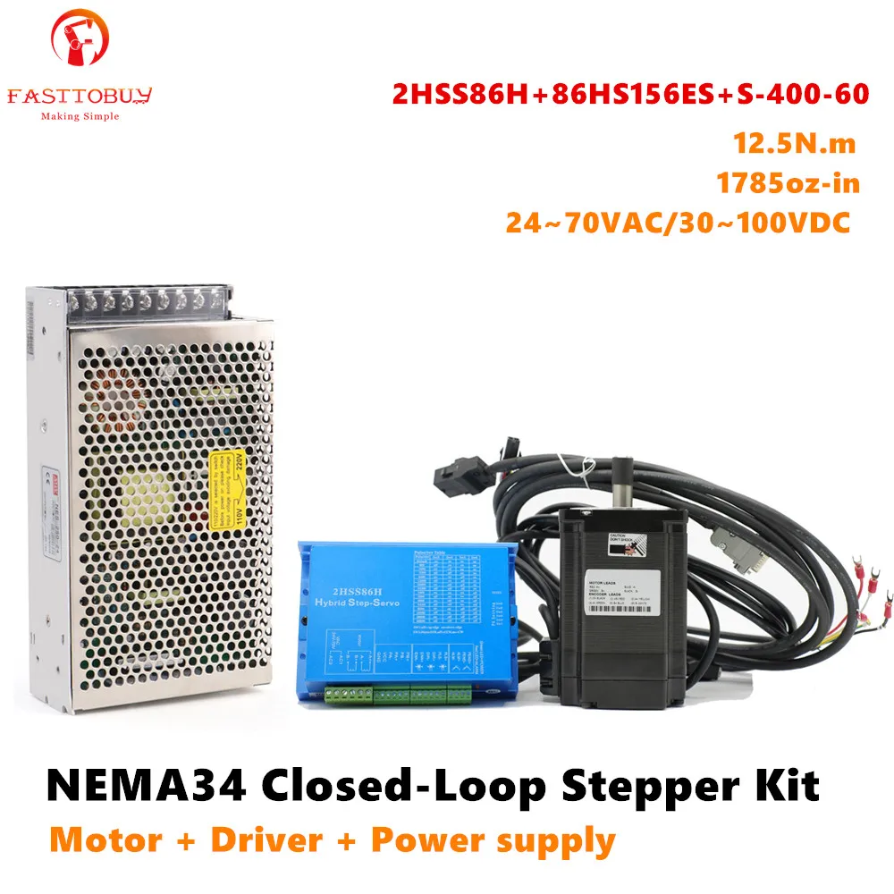 NEMA34 12.5Nm 1785oz-in 6A Closed-Loop Stepper Kit Hybrid Servo Driver+Motor+Power Supply Kit for CNC Router/Laser Machine