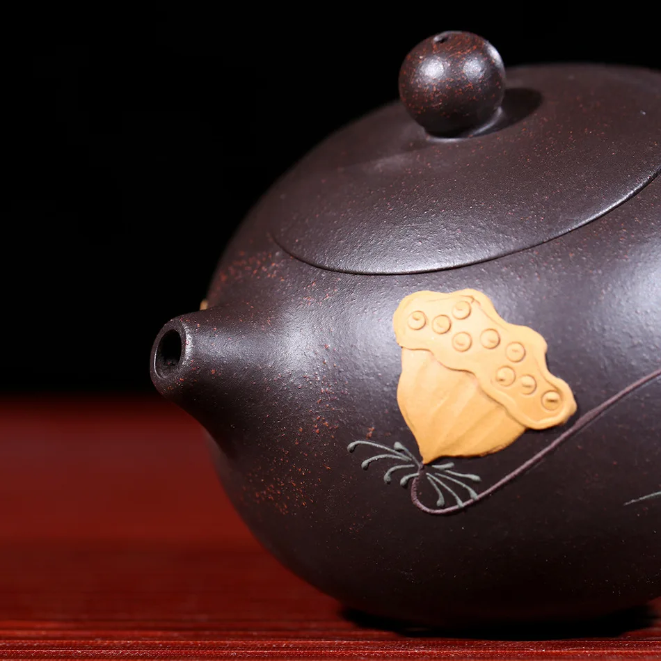 Black  Mud Yixing Teapot, Pure Hand Handmade, Colorful Mud Painted Flower, Bird, Xi Shi Pot, Purple Clay, 188 Ball Hole, 170m