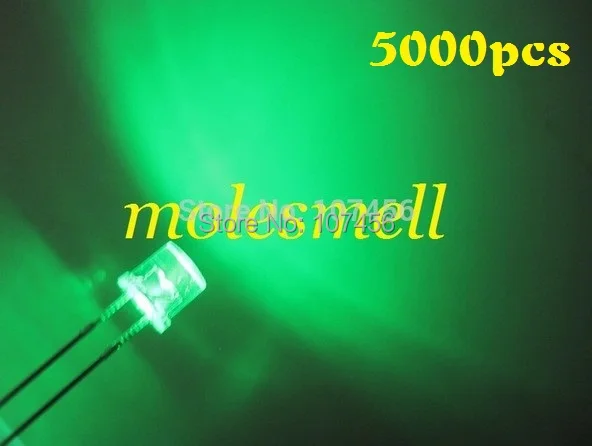 free shipping! 5000pcs 5mm flat top green LED(3000mcd) 5mm water clear green led  5mm big/wide angle green led 5mm flat head led