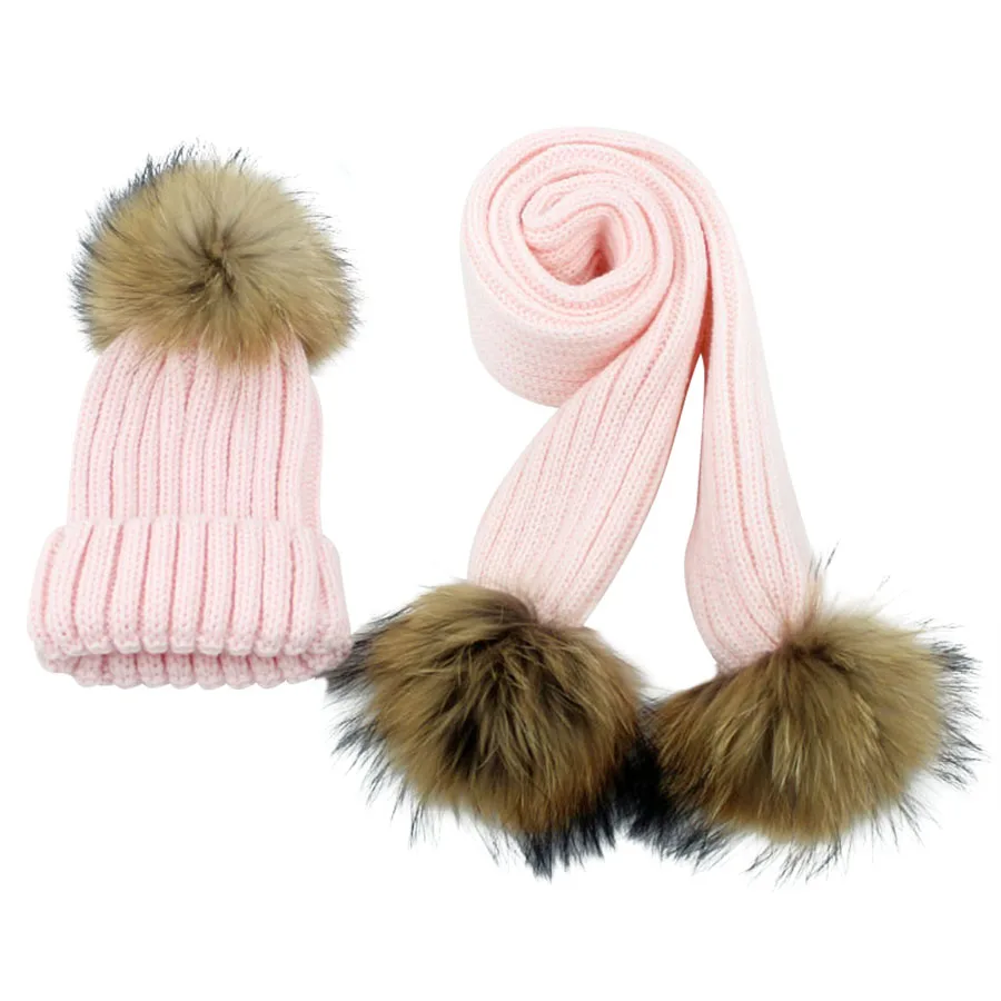 Children knitted Scarf and Hat Set  Luxury Winter Warm  Crochet Hats and scarves with Real fur pom Beanie Hat for boys and girls