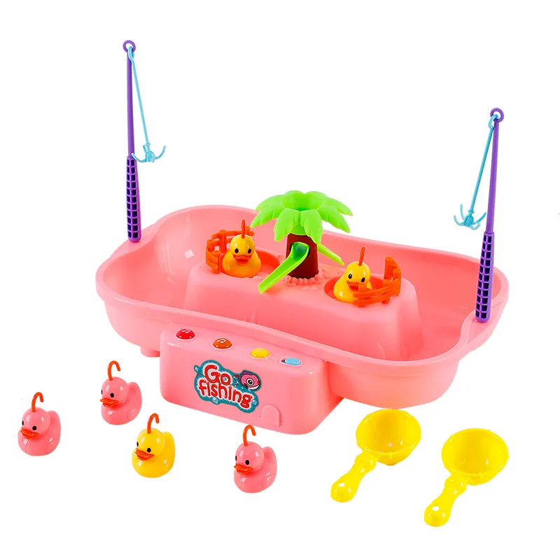 DIY Electric Rotating Plastic Magnetic Fishing Duck Toy Set Music and Baby Bath Toy Fishing Game Children\'s Indoor and Outdoor