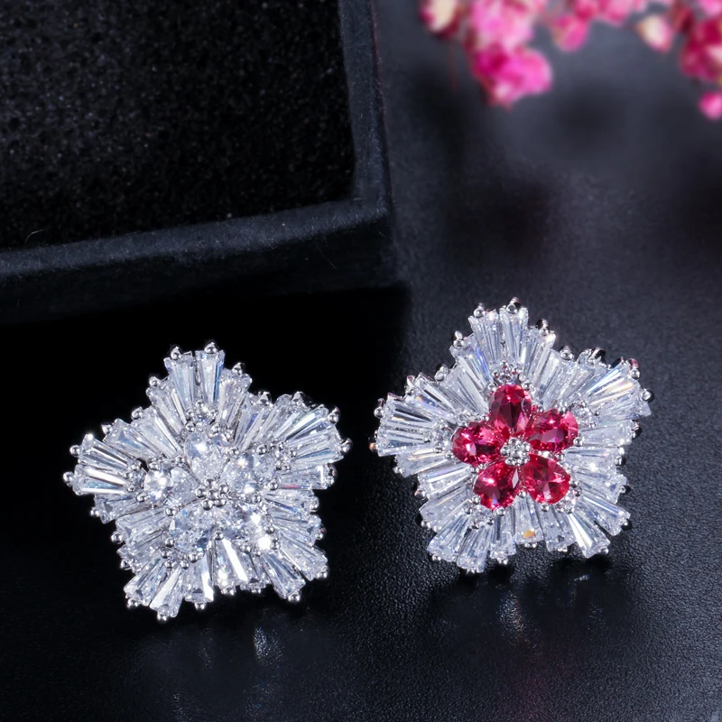 CWWZircons Brand Ladies Fashion Jewelry AAA Cubic Zirconia Snow Flower Pendant Necklace Earring Sets for Women Gift T208