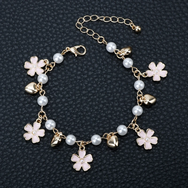 Cartoon Charm Bracelet Cardcaptor Sakura Flower Pearls Chain Wristlet Bangle Haert Jewelry for Girl Kid Gift