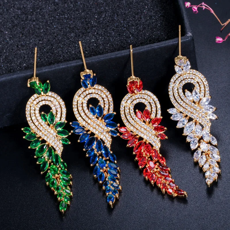 Pera Fashion Famous Brand Red CZ Stone Jewelry Long Dropping Big Leaf Shape Women Evening Party Cubic Zirconia Earrings E228