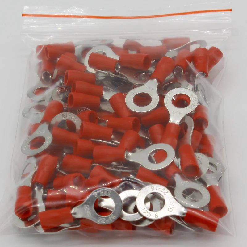 RV1.25-6 Red 22-16 AWG 0.5-1.5mm2 Insulated Ring Terminal Connector Cable Wire Connector 100PCS/Pack RV1-6 RV