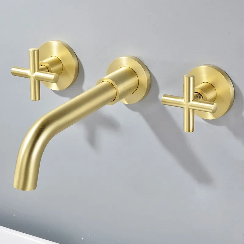 

Brushed Gold Brass Double Handle Wall Mounted Bathroom Sink Faucet Hot Cold Basin Faucet Mix Tap Brushed Bathroom Faucets Tool