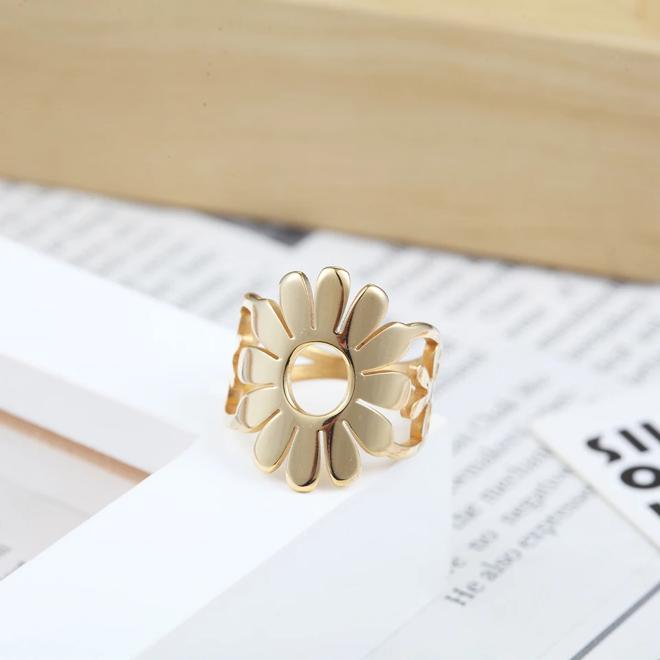 BORASI Circle Sunflower Rings New Brand 2019 Gold Color Female Size Rings Fashion Popular Jewelry Stainless Steel Flowers Rings