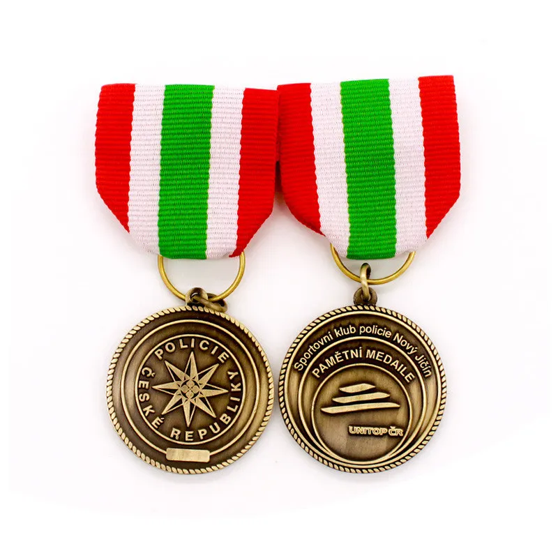 

custom metal medal with ribbons factory to produce plating antique gold medals with ribbons badge