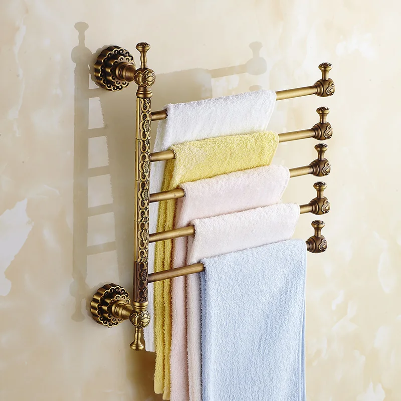 Vintage Towel Racks Brass Wall Mount 3-6 Active Bars Rotate Rail Towel Holder Scarf Clothe Hanger Bathroom Shelf Home Decoration