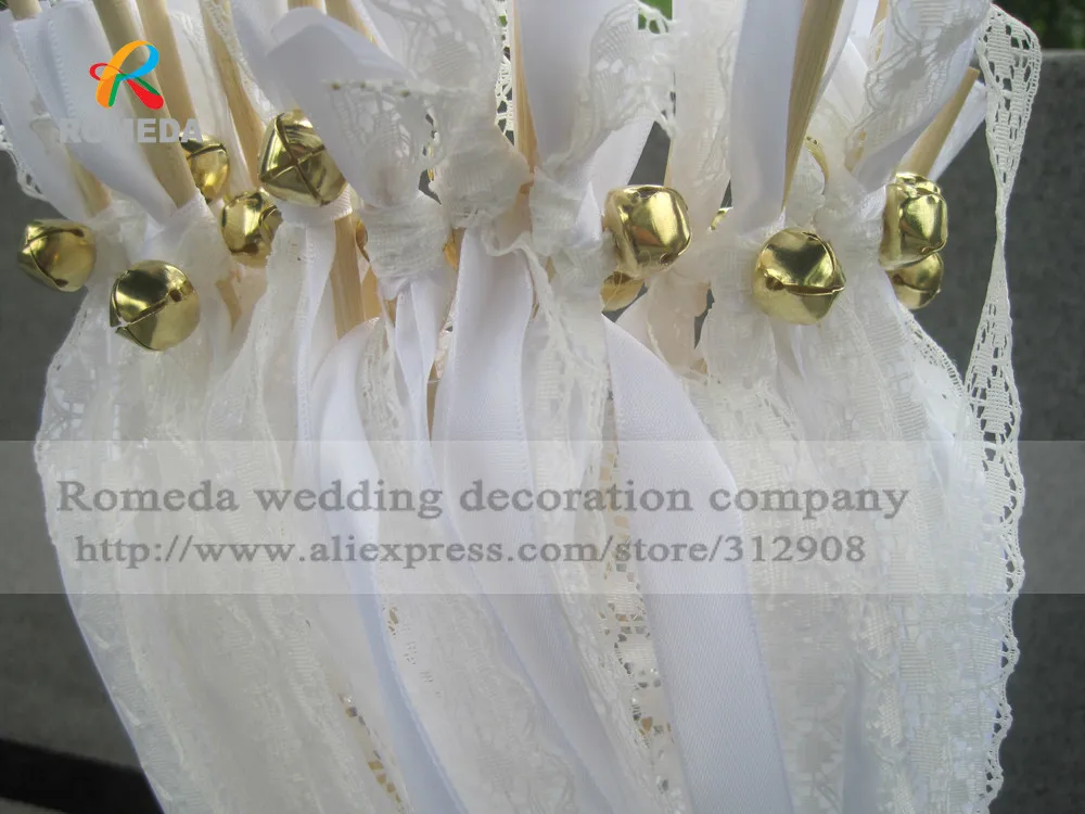 Hot sell (50Pieces/Lot)Style D white lace wedding wands with bell  Wedding Ribbon Stick,ribbon Twirling Streamers