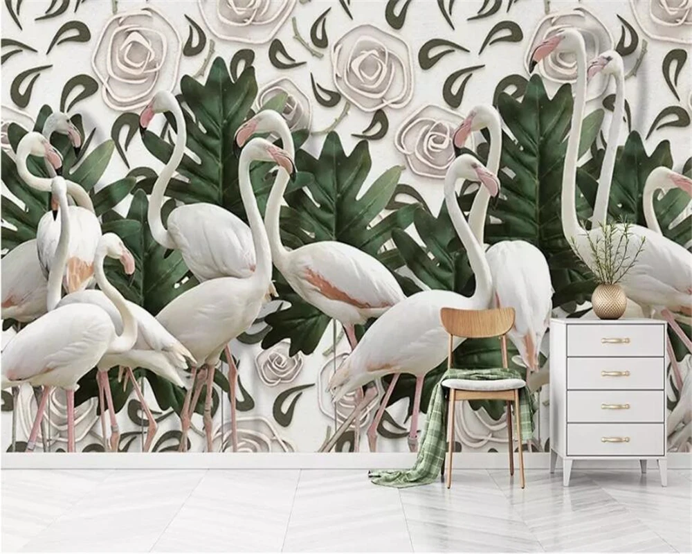 

beibehang Custom 3d wallpaper mural retro embossed rose flamingo turtle back leaf background wall 3d wallpaper papier peint