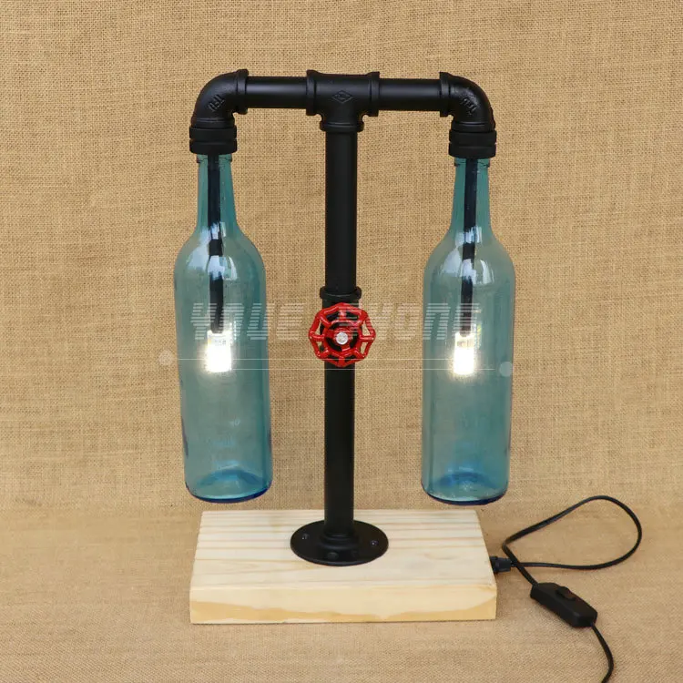 

Personality Two Winebottles Design Amber Color G4 Wooden Waterpipe Desk Lamp Lampada Tavolo Desk Lamps Schemerlamp Led Lamp